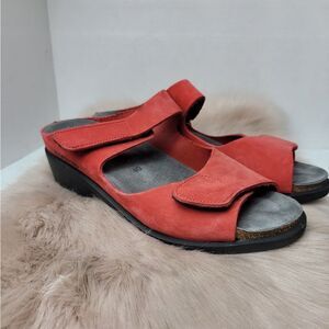 Mephisto Women’s Leather Sandal Shoes 2 Strap Hook And Loop Red Slide Size 9.5